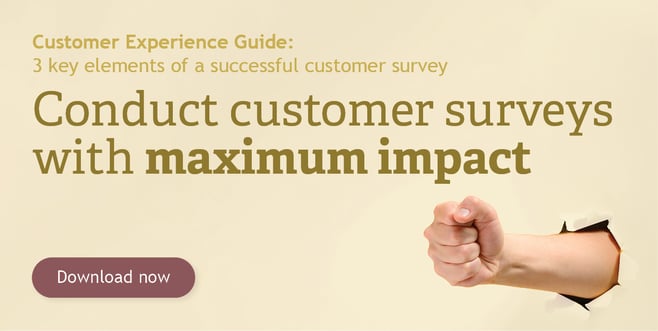 Ad with a pale yellow color, a hand punching through a wall and the text "Customer Experience Guide: 3 key elements of a successful customer survey, Conduct customer surveys with maximum impact, and Download now"